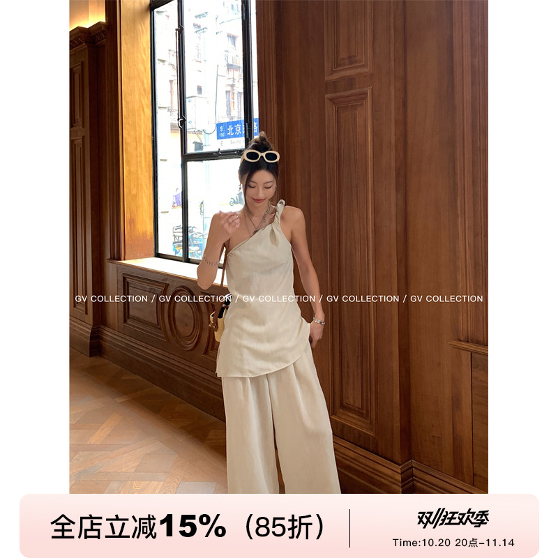 GV大白哥 高智茶系 慵懒斜肩休闲上衣宽松西裤休闲裤通勤套装女