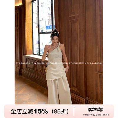 GV大白哥 高智茶系 慵懒斜肩休闲上衣宽松西裤休闲裤通勤套装女