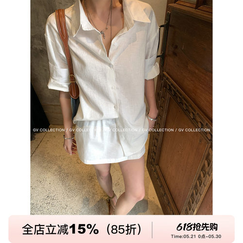 翻边中袖衬衫半身裙裙裤套装