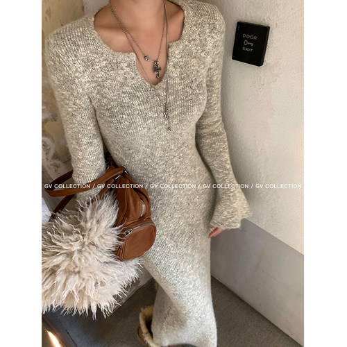 GV大白哥 美式Kim调 针织加厚修身鱼尾连衣裙收腰法式长裙女冬季