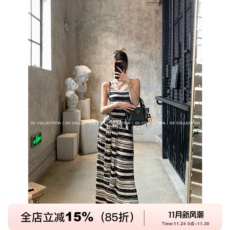 GV大白哥 松弛美式 假两件条纹绑带背心裙黑白撞色长款连衣裙女夏