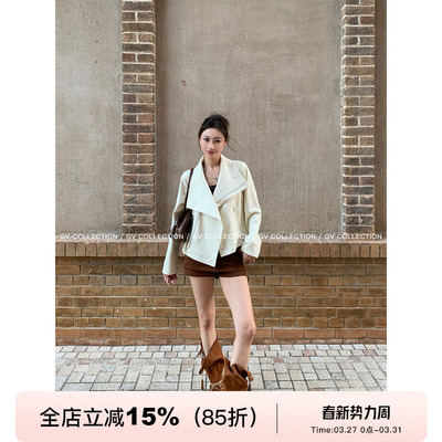 大翻领麂皮拉链短外套