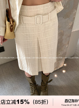 GV大白哥 都市白女 结构剪裁立体肌理半身裙含腰带设计感裙子女