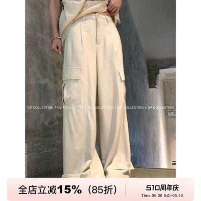 棉麻立体口袋休闲工装裤