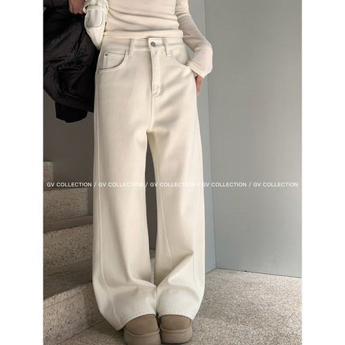 直筒加绒加厚柔软松弛感牛仔裤