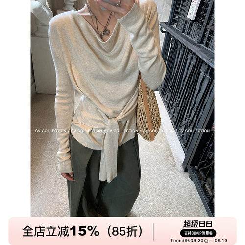 荡领松弛腰带收腰针织上衣
