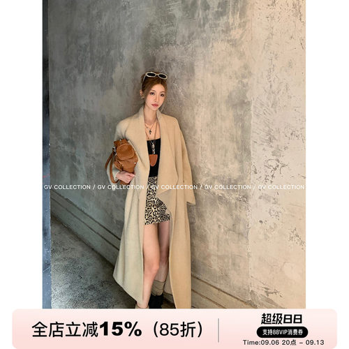 GV大白哥 大翻领环保水貂毛长款外套气质垂感落肩开衫通勤风衣女