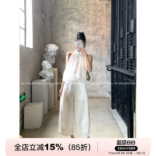 削肩双层纱花苞无袖上衣
