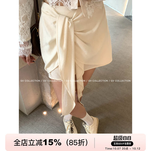 轻柔亚麻打结半身裙防走光裙裤