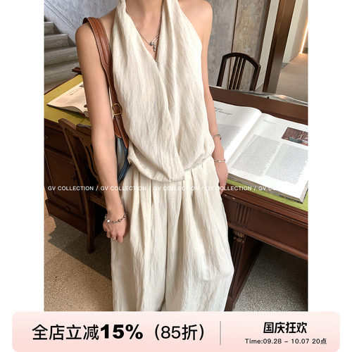 挂脖削肩露背上衣阔腿裤套装