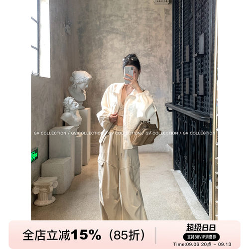 松弛工装抽绳松紧腰直筒阔腿裤