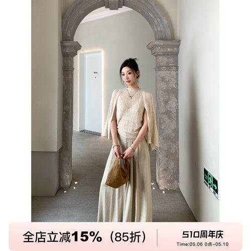 无袖披肩设计感假两件微透上衣