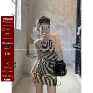 GV大白哥 休闲条纹显瘦挂脖连衣裙上衣收腰褶皱短裙背心吊带女夏