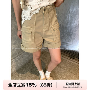 GV大白哥知性层次 水洗卡其牛仔口袋翻边休闲牛仔三分裤女夏新款