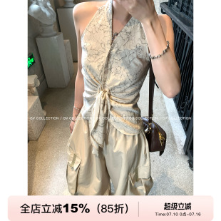 GV大白哥 微醺花卉 V领人棉亚亚麻晕染打结收腰挂脖背心上衣女夏