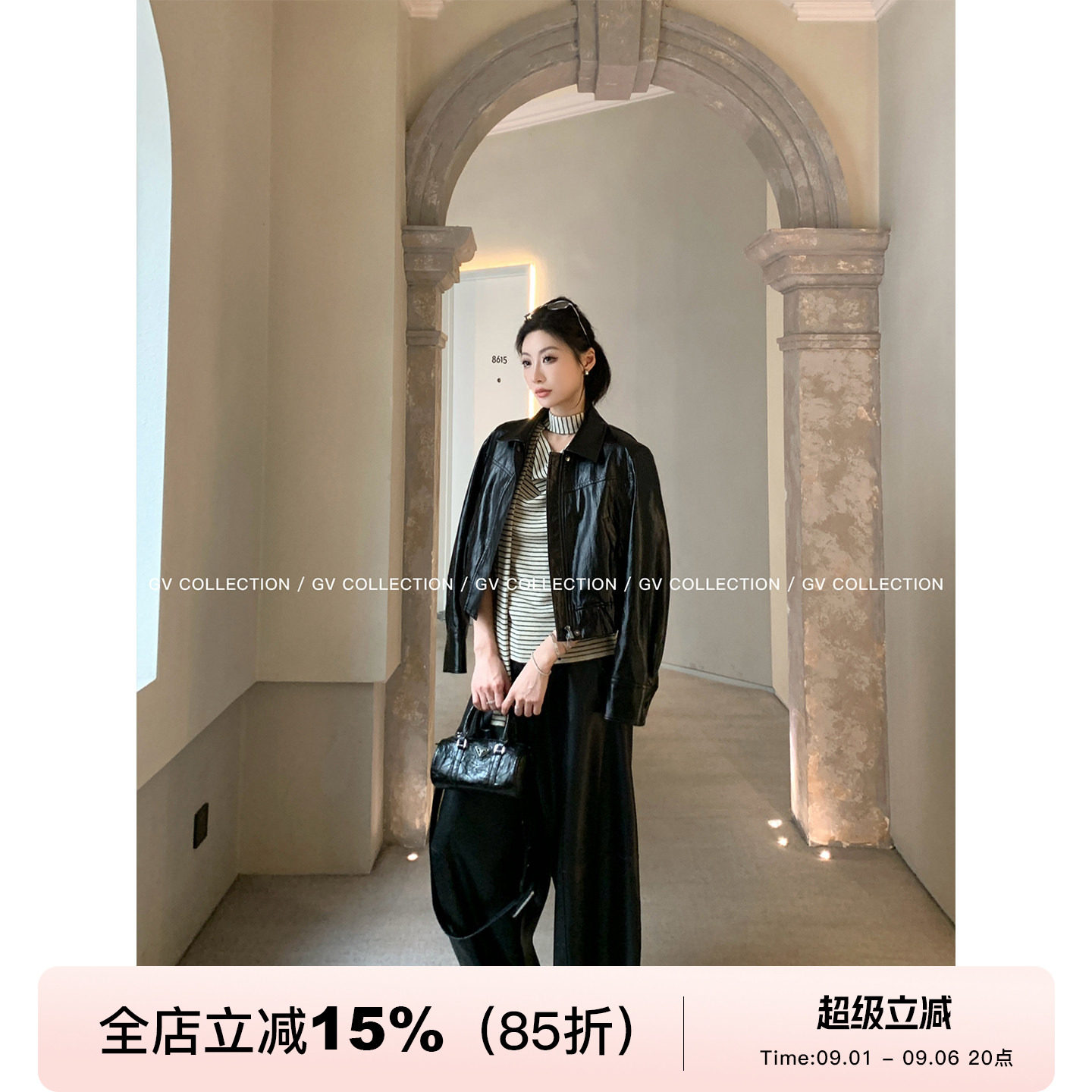 金属丝亮面短款合身皮衣外套图片