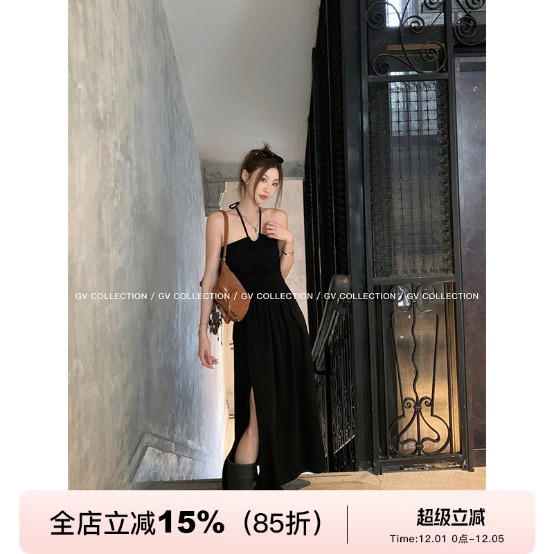 GV大白哥 暗黑Onepiece 细肩带挂脖抹胸褶皱连衣裙性感宴会小黑裙