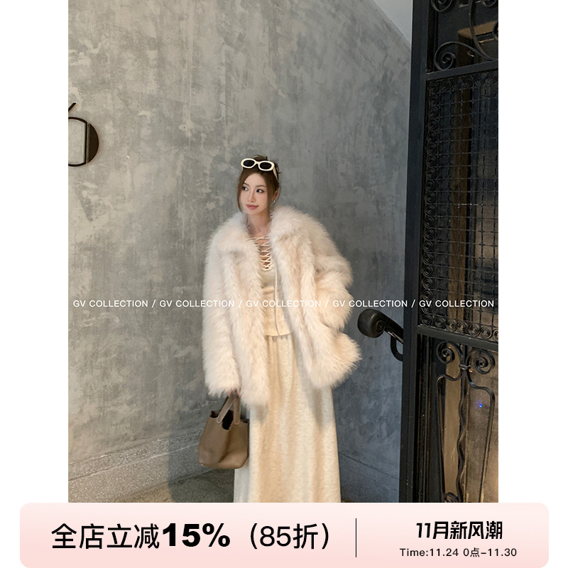 GV大白哥 柔光香氛 尖染环保毛皮草翻领外套蓬松无扣保暖上衣女冬