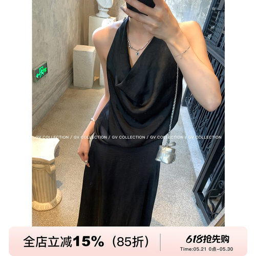 GV大白哥 都市人鱼姬 松弛感V字挂脖露背上衣高腰半裙套装女