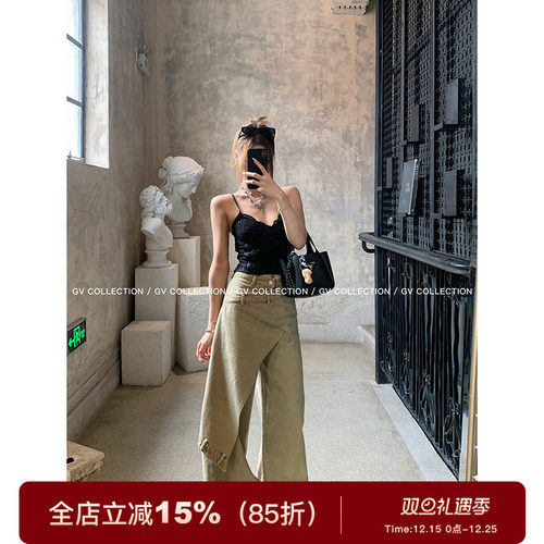 GV大白哥 高阶私服 设计裁片斜边不规则牛仔裤直筒宽松休闲长裤女