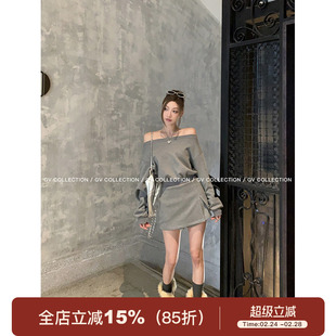GV大白哥 经典美式调 一字露肩长袖卫衣A开叉半身休闲裙裤套装女