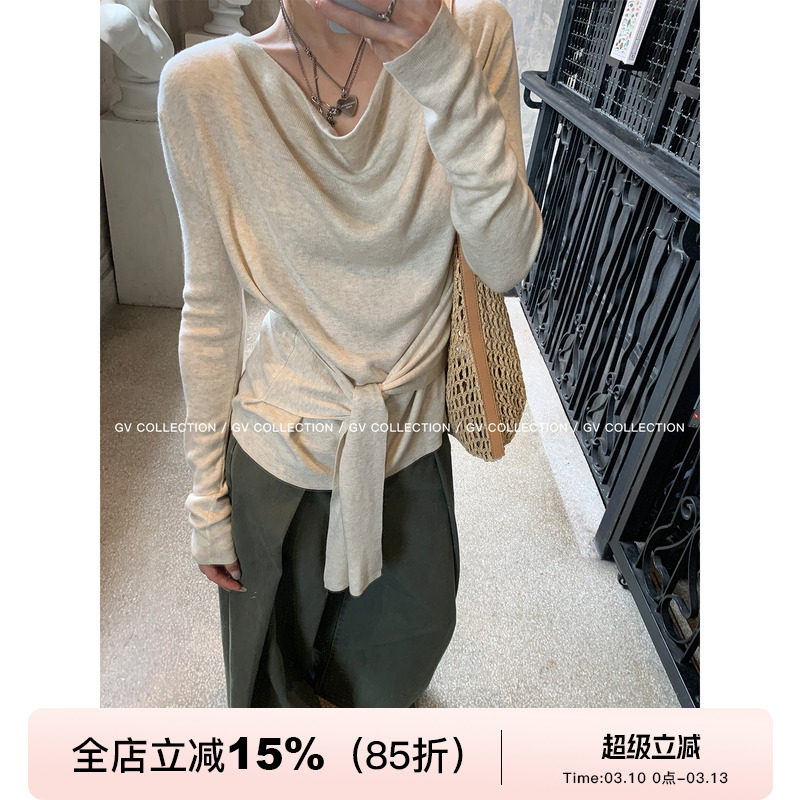 GV大白哥 松弛高智 荡领松弛腰带收腰毛针织衫上衣早秋女装新款