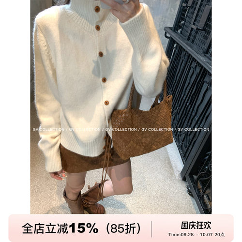 纽扣立领毛衣外套上衣