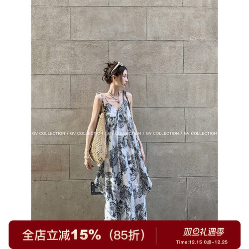 层层解构设计感吊带印花连衣裙
