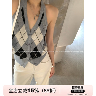 GV大白哥 伦敦学院 挂脖菱格学院风露背羊毛针织上衣设计感气质女