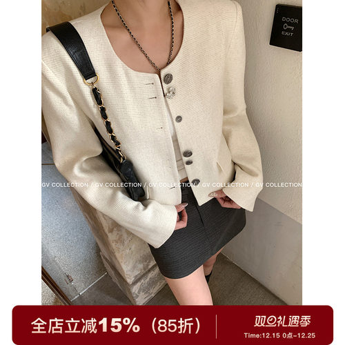 GV大白哥 精致主义 不规则立体扣圆领小香外套直筒廓形休闲上衣女