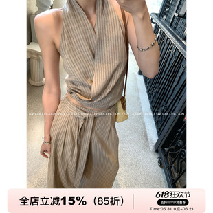GV大白哥 松弛原麻 亚麻莱赛尔挂脖露背上衣阔腿裤两件套装新款女