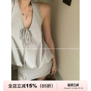 GV大白哥 复古学院 挂脖露背花苞背心半身裙防走光套装夏季新款女