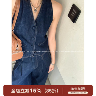 GV大白哥 VTG90‘法式 牛仔棉感无袖马甲上衣阔腿休闲裤套装女