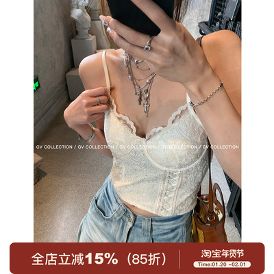 GV大白哥 宫廷心机 吊带闪片蕾丝缎条胸垫背心短款辣妹胸衣女夏季