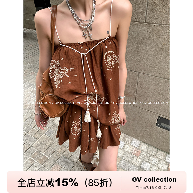 GV大白哥 波嬉度假  刺繡重工貝母流蘇吊帶上衣休閑短褲套裝女夏