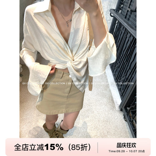 纽结收腰轻柔人棉V领衬衫上衣