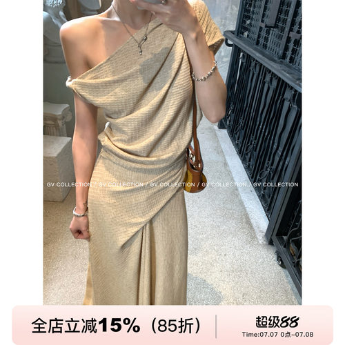捏褶华夫格肌理嘎上衣半身裙套装