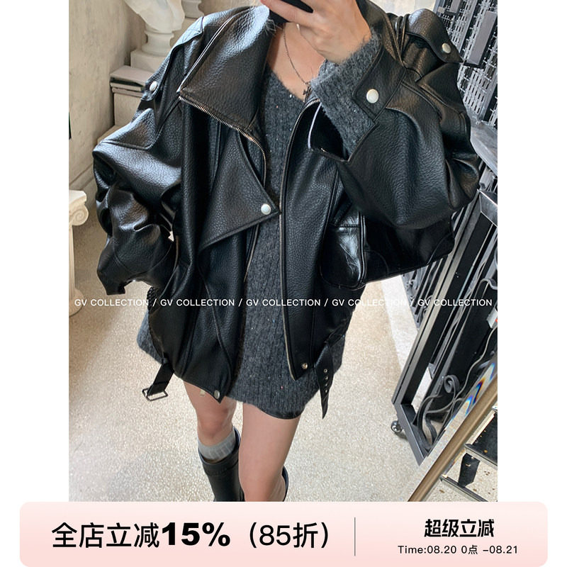 GV大白哥 独线匠心 质感J佳翻领廓形皮衣街头风简约外套上衣女