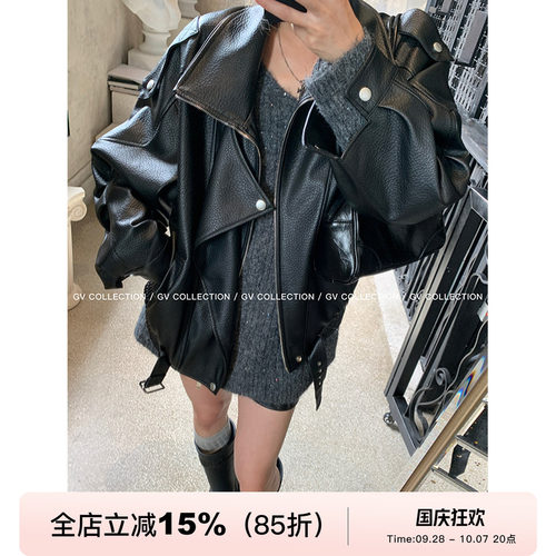 GV大白哥 独线匠心 质感J佳翻领廓形皮衣街头风简约外套上衣女
