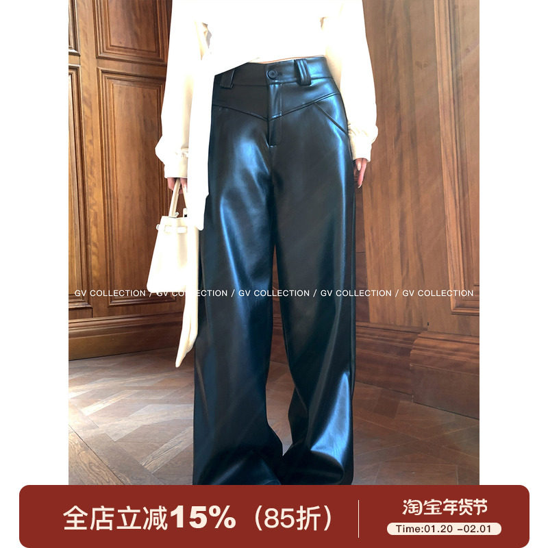 GV大白哥 解构复合 立体肌理内磨毛直筒仿羊皮皮裤秋冬新款女,女装/女士精品,皮裤,淘宝优惠券,粉丝福利购,淘宝优惠卷