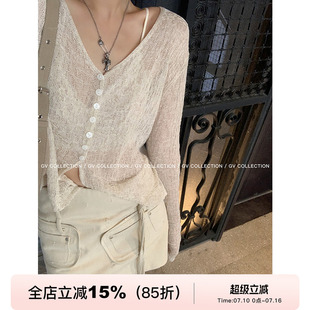 GV大白哥 透气清冷 天丝亚麻针织防晒镂空纽扣开衫微透V领上衣女