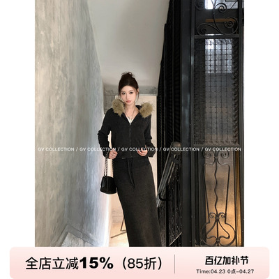 磨毛毛领加绒卫衣半裙两件套