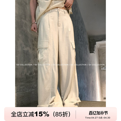 棉麻立体口袋休闲工装裤