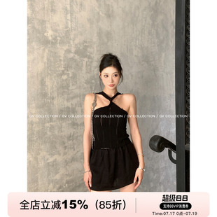 GV大白哥 美式骨感 交叉削肩镂空肌理感冰丝背心设计感女夏上衣