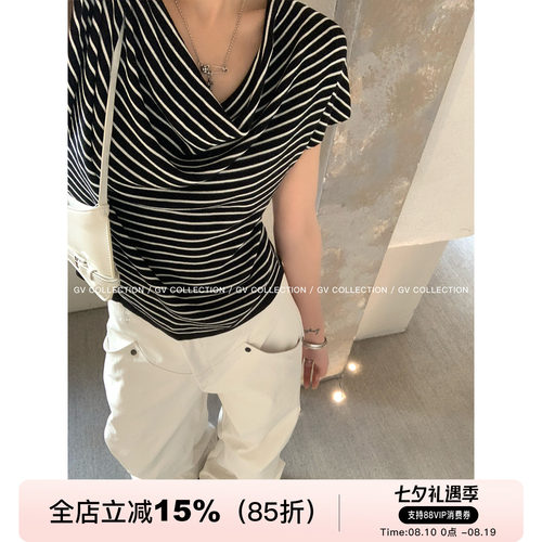 天丝莱赛尔荡领短袖松弛条纹上衣