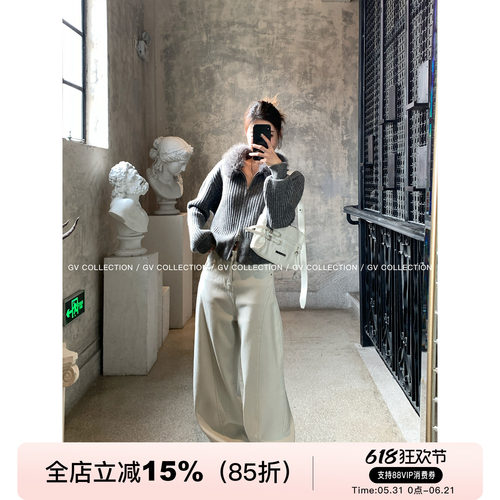 天丝棉加绒结构阔腿牛仔裤