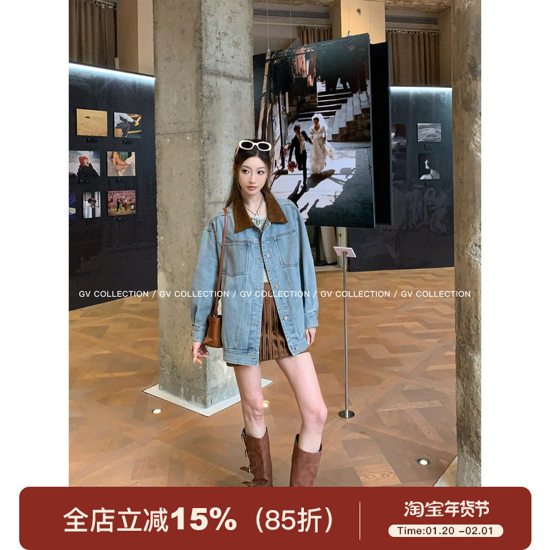 GV大白哥 中古调调 撞色拼接复古水洗牛仔短外套秋季设计感新款女,女装/女士精品,短外套,淘宝优惠券,粉丝福利购,淘宝优惠卷