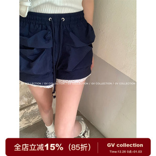 女夏季 GV大白哥 宽松抽绳短裤 大口袋蕾丝拼接休闲裤 miu系芭蕾