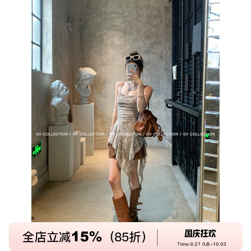 不规则闪闪吊带网纱背心上衣