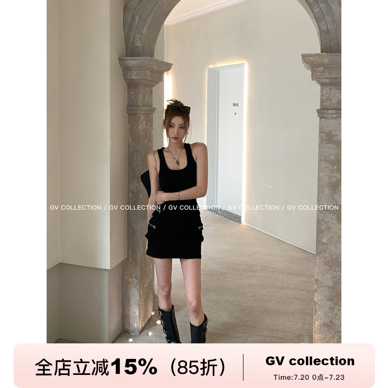 GV大白哥 设计师款 拉链立体口袋修身连衣裙显瘦收腰U领 背心裙女